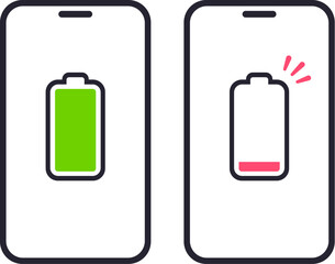 Two smartphones with energy level icons, low battery and charged full. Vector illustration.