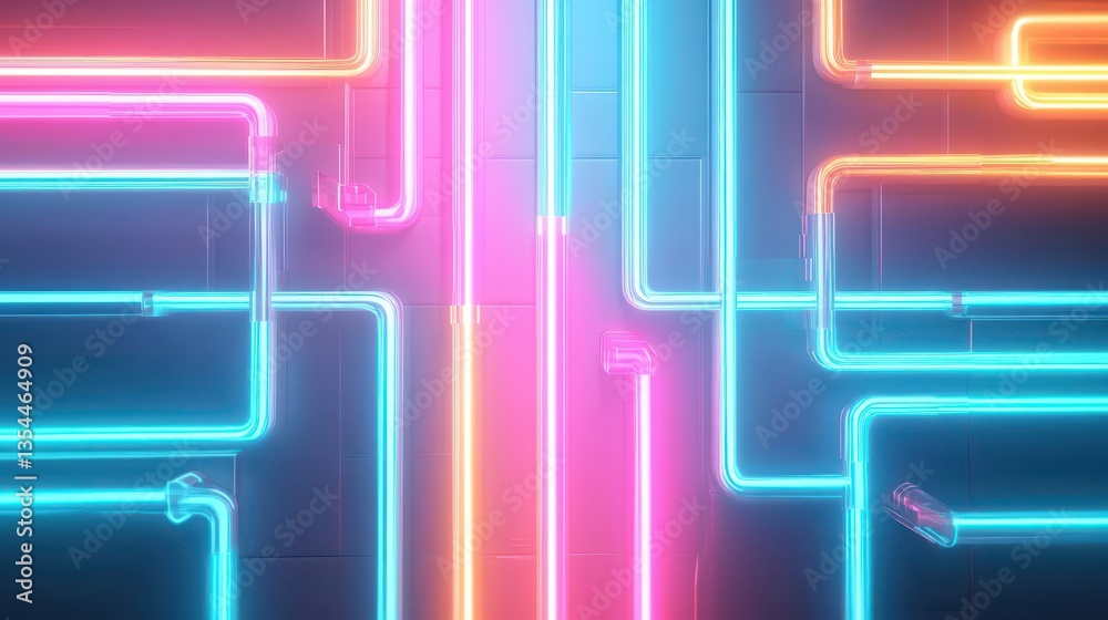 Poster abstract background 3d rendering of glowing neon tubes in blue, pink, and orange colors synthwave fu