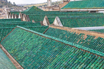 Higher angle view of green roofs of Al-Karaouine Mosque and University,  Fez. Morocco. Horizontally. 