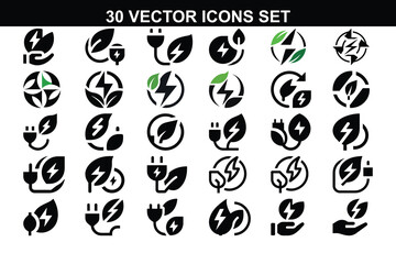 30 Set of  save energy symbol. Energy icon with green leaf. Eco friendly, environmentally. Eco icon. Vector illustration.	