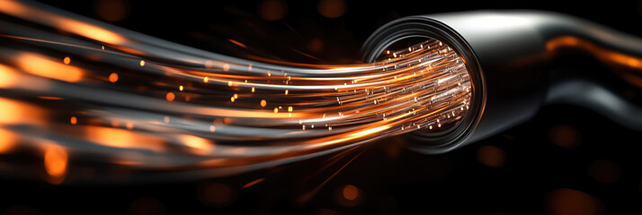Optical fiber cable network with glowing connections in a technological environment, symbolizing high-speed data transfer, internet communication, and digital infrastructure systems