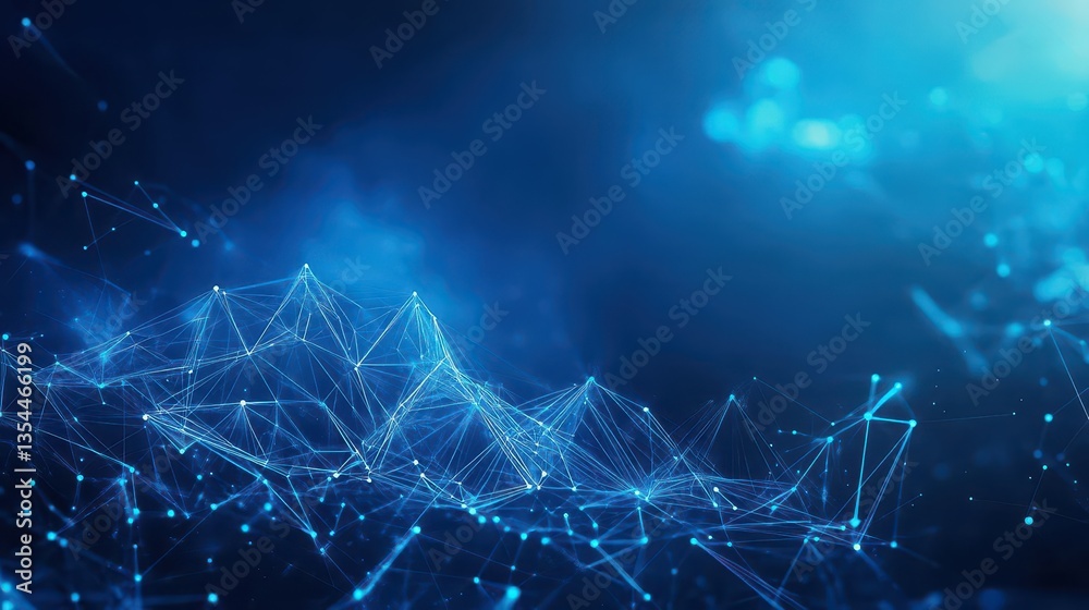 Poster Abstract blue background showing a mountainous landscape made of lines and particles, representing concepts such as big data, blockchain and artificial intelligence