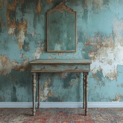Antique turquoise table with ornate mirror against textured wall