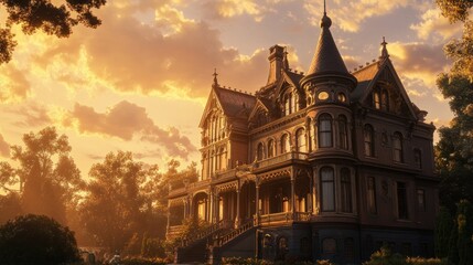 Fototapeta premium Sunset Victorian Mansion, Golden Hour, Estate, Woods, Dramatic Sky, Fantasy, Game Design