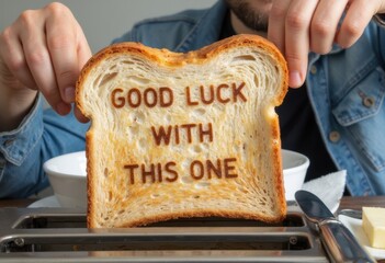 Toast with the message Good Luck With This One held by a person