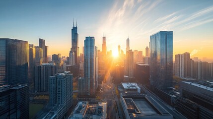 Fototapeta premium Cityscape sunrise, urban skyline, sun rays, buildings, street, morning, Chicago, aerial view, business, travel