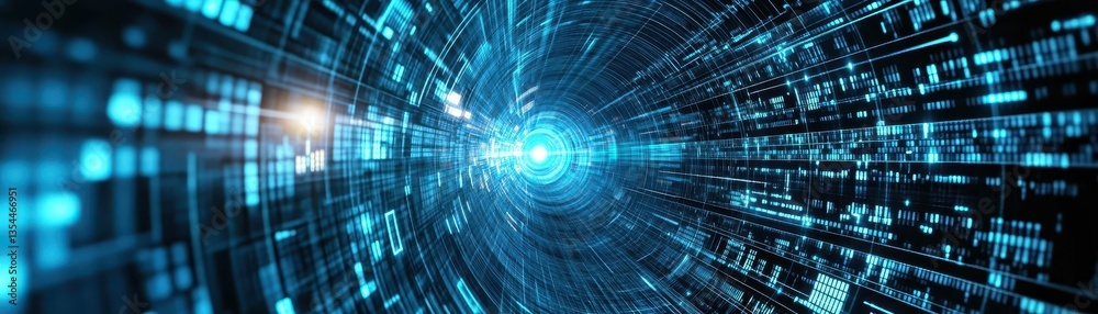 Poster abstract blue spiral tunnel of light and data