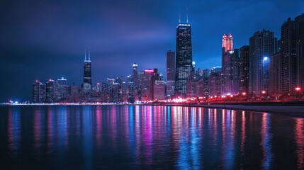 Fototapeta premium Night cityscape, lake reflection, city lights, urban, shoreline, background clouds, travel, poster