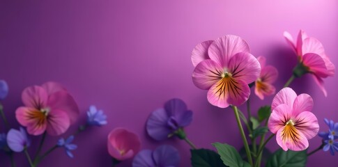 Fototapeta premium Vibrant viola flowers on purple background, close-up shot, nature, viola, colorful