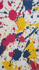 Fototapeta premium A vibrant carpet featuring a random splattered paint pattern in bold colors like red, yellow, and blue on a stark white background. The texture should look as if the paint is freshly splashed.