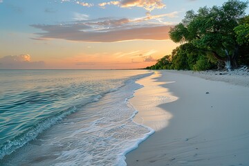 A calm, serene beach at sunrise, the water gently lapping the shore, pastel colors in the sky as the first light of day breaks over the horizon