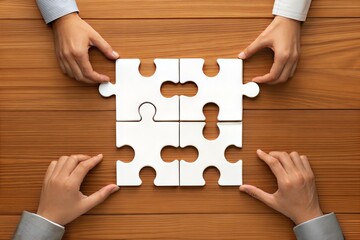 Close-up of hands assembling a puzzle on a wooden table, symbolizing problem-solving and cooperation. (Puzzle)