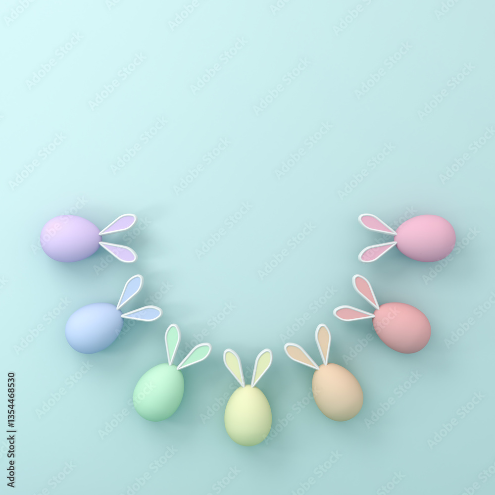 Poster colorful bunny easter eggs on light blue green pastel color background with shadows and blank space 
