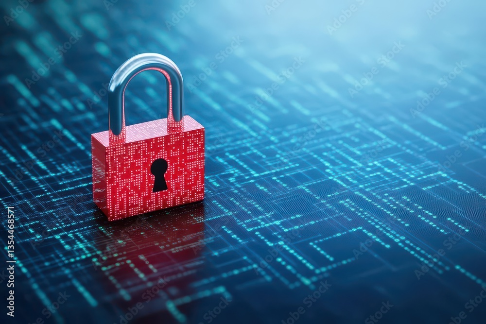 Aufkleber Abstract cybersecurity red alert warning padlock symbol with binary letters and numbers on a digital background, information security, data protection concept