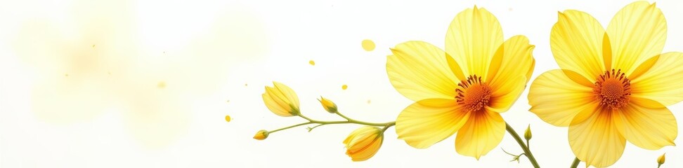 Obraz premium Vibrant yellow watercolor flowers with delicate petals on a white background, watercolor, petals
