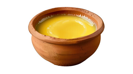 Golden Ghee in Earthen Bowl: Close-up shot of rich, golden ghee in a traditional earthen bowl, presenting a symbol of purity and culinary richness.