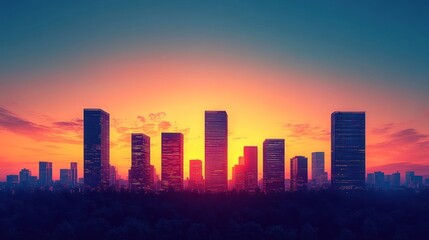 Fototapeta premium Cityscape at Sunset: Urban Skyline Panorama