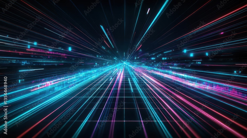 Aufkleber Abstract digital art depicting vibrant streaks of light converging at a vanishing point  The glowing lines create a sense of speed and movement against a dark background A grid pat