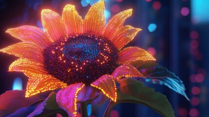 Neon Sunflower, glowing, bokeh background, digital art, poster