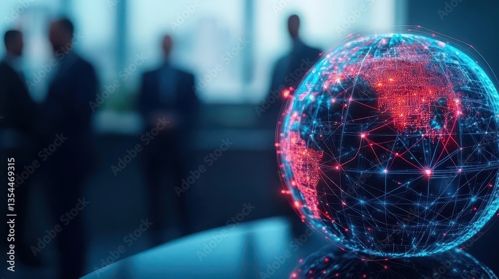 Poster abstract digital globe with glowing connections, blurred businesspeople in background, futuristic te