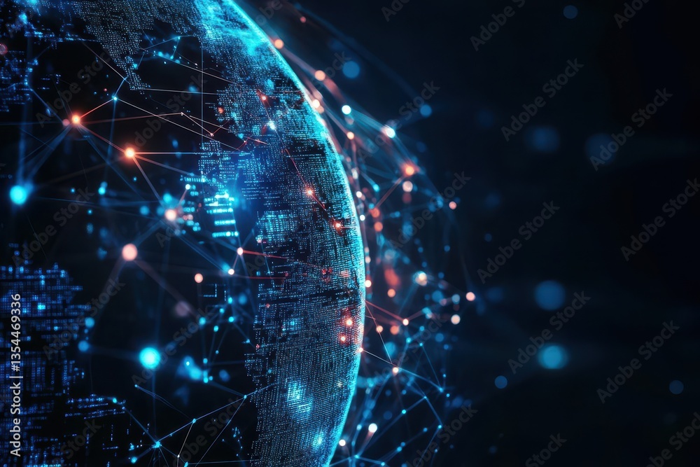 Poster Abstract digital globe with illuminated data connections and network lines, representing global connectivity and technology in a futuristic setting