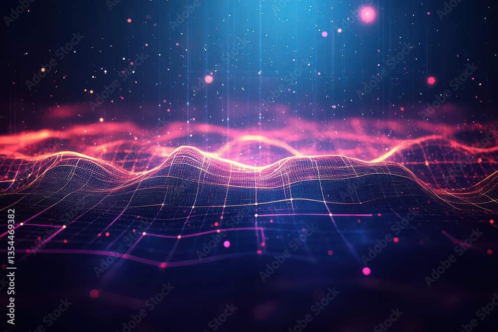 Poster abstract digital landscape with glowing lines and particles