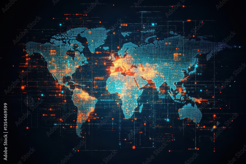 Poster abstract digital world map, concept of global network and connectivity on earth, data transfer and c
