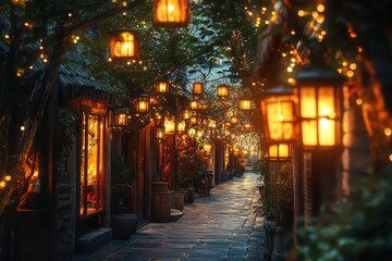 A cozy street lit by warm lamps, as the golden light from the setting sun meets the cooler tones of the approaching night, creating a serene and atmospheric scene