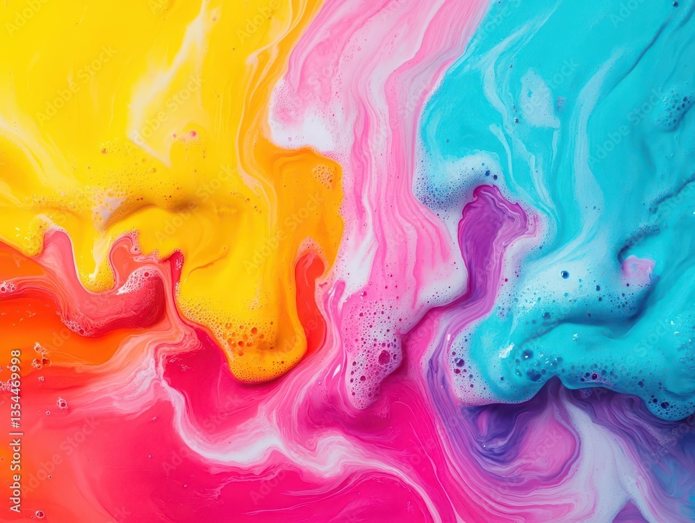 Poster Abstract fluid art with colorful paint poured over a canvas, blending in unpredictable swirls and marbled patterns, creating a dynamic texture