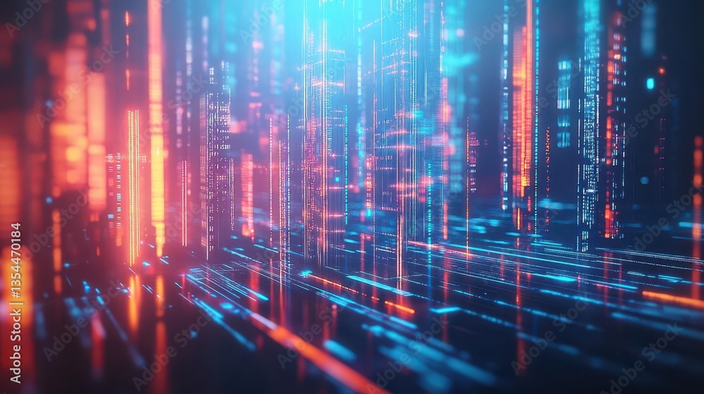 Poster abstract futuristic cityscape at daylight with glowing data streams and holographic elements, skyscr
