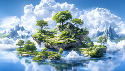Obraz premium Floating Island Paradise; Sky; Clouds; Mountains