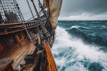 Obraz premium Ship sailing stormy seas under ominous skies.