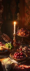 Opulent feast illuminated by candlelight painting style
