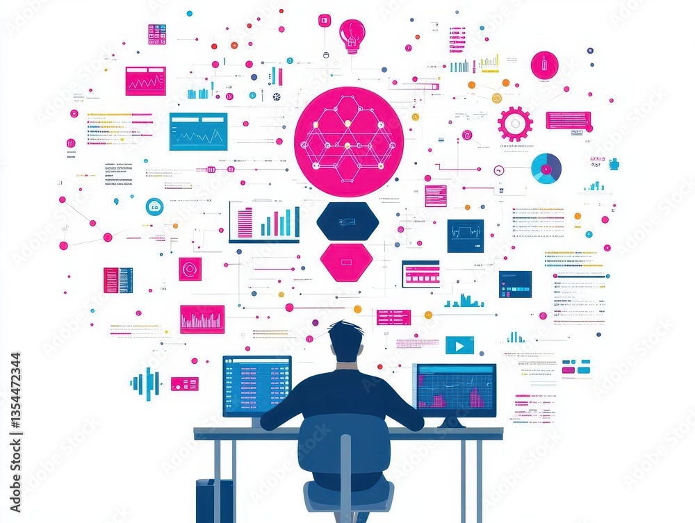 Poster ai developer working on data models, surrounded by data visualizations