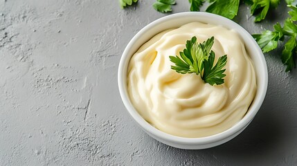 Creamy Homemade Mayonnaise in a White Bowl, Close-Up View