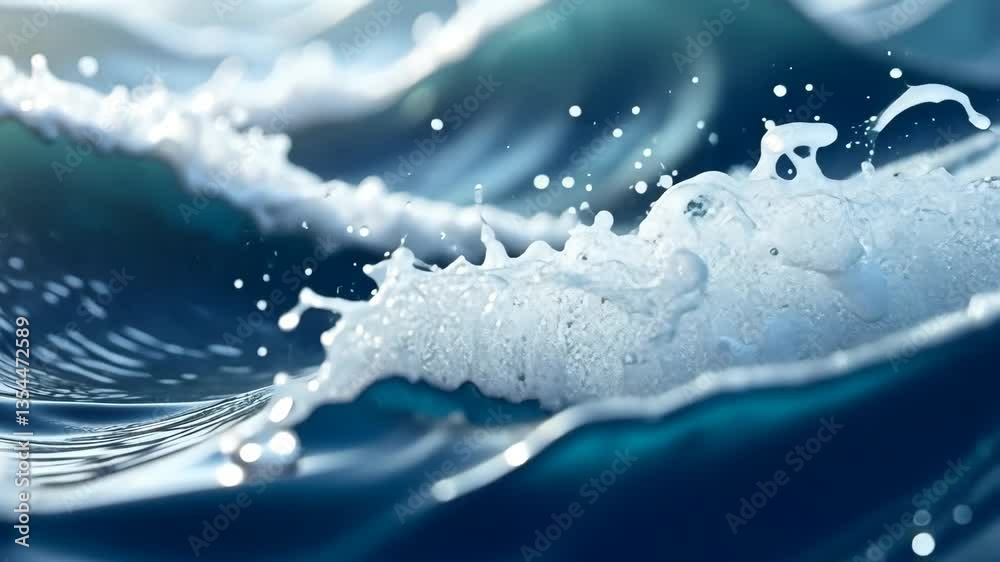 Poster close-up sparkling sea waves crash and foam in tranquil sunlight