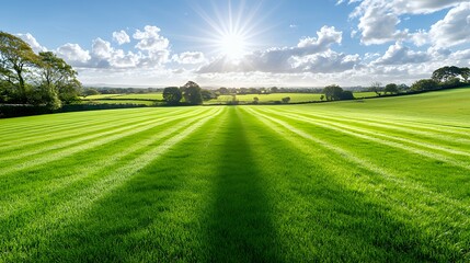 Obraz premium Vibrant Green Fields Under a Sunny Sky with Fluffy White Clouds and Bright Sunlight