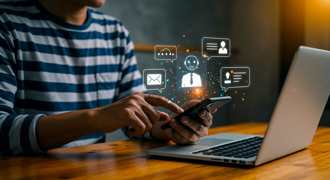 Casual male user managing social media and AI-driven marketing tasks on laptop and smartphone, featuring futuristic icons for content creation and communication automation