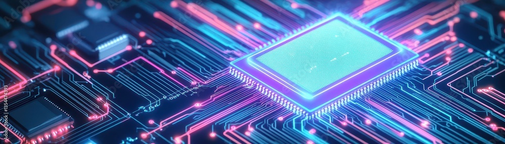 Poster AI semiconductor chip with neon effect on a tech circuit background