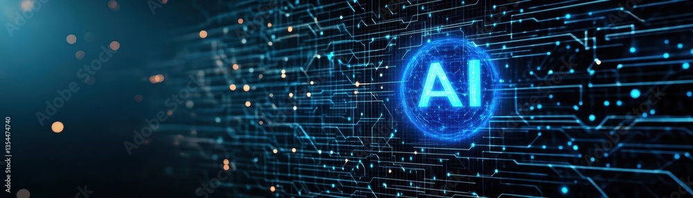 Poster ai technology on black background futuristic, dark artificial intelligence concept with text ai, blu