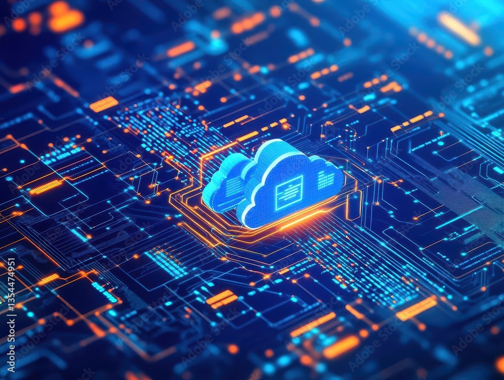 Poster AIdriven cloud environment with automated scaling servers, representing the dynamic performance of cloud computing