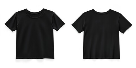 A black T-shirt, front and back view, hanging on a white background