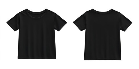 A black T-shirt, front and back view, hanging on a white background