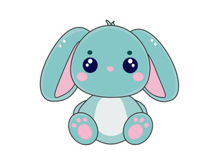 A charming kawaii-style bunny illustration featuring pastel blue fur, pink inner ears, and matching paw pads. The design includes cute facial features with large, sparkling eyes and a sweet smile, per