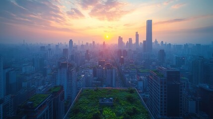 Fototapeta premium Cityscape Sunrise: A breathtaking view of a metropolis at dawn, bathed in the warm glow of the rising sun.