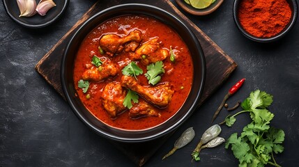 Spicy Red Chicken Curry in a Bowl, Traditional Indian Dish