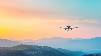 Fototapeta na wymiar Aircraft is flying over green hills against mountains with yellow sunbeams at sunset Landscape with passenger airplane