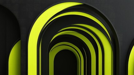 An abstract graphic print featuring bold arches and sinuous curves in a sharp contrast of black and neon green, designed for a modern interior wall.
