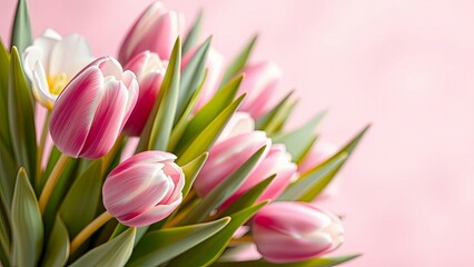 Fototapeta premium Pink tulips bouquet on a soft pink background 