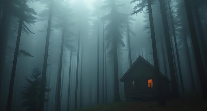 Mysterious Cabin in Foggy Dark Forest at Night